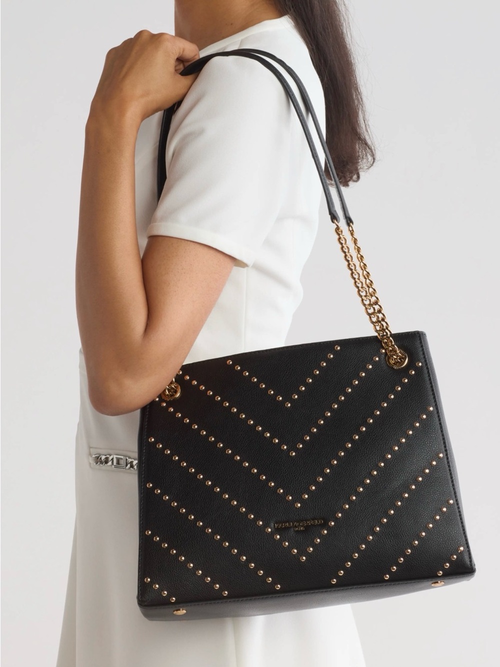 Karl Lagerfeld Paris Chevron Stud Leather Shoulder Bag Black Gold Tote